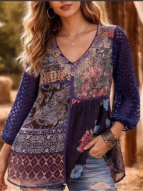 Soft Surroundings Embroidered Patchwork beaded All Together Tunic Top mixed 1X